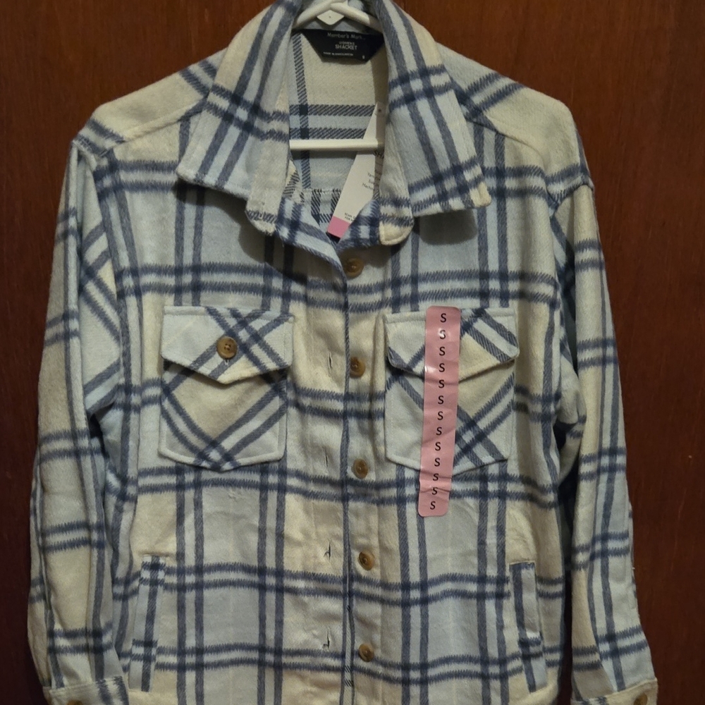 Blue and White Plaid Shacket Small Women's